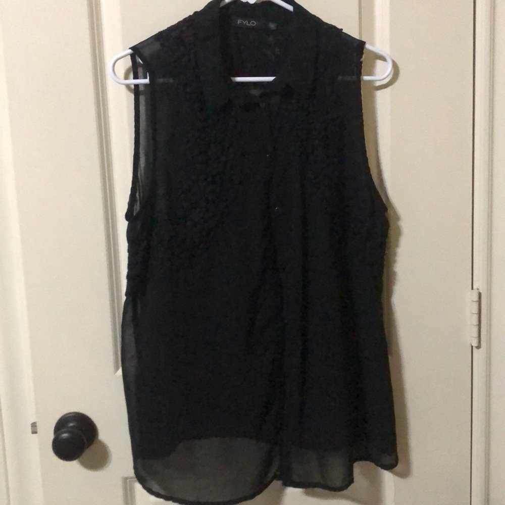 Black see-through sleeveless top w floral design